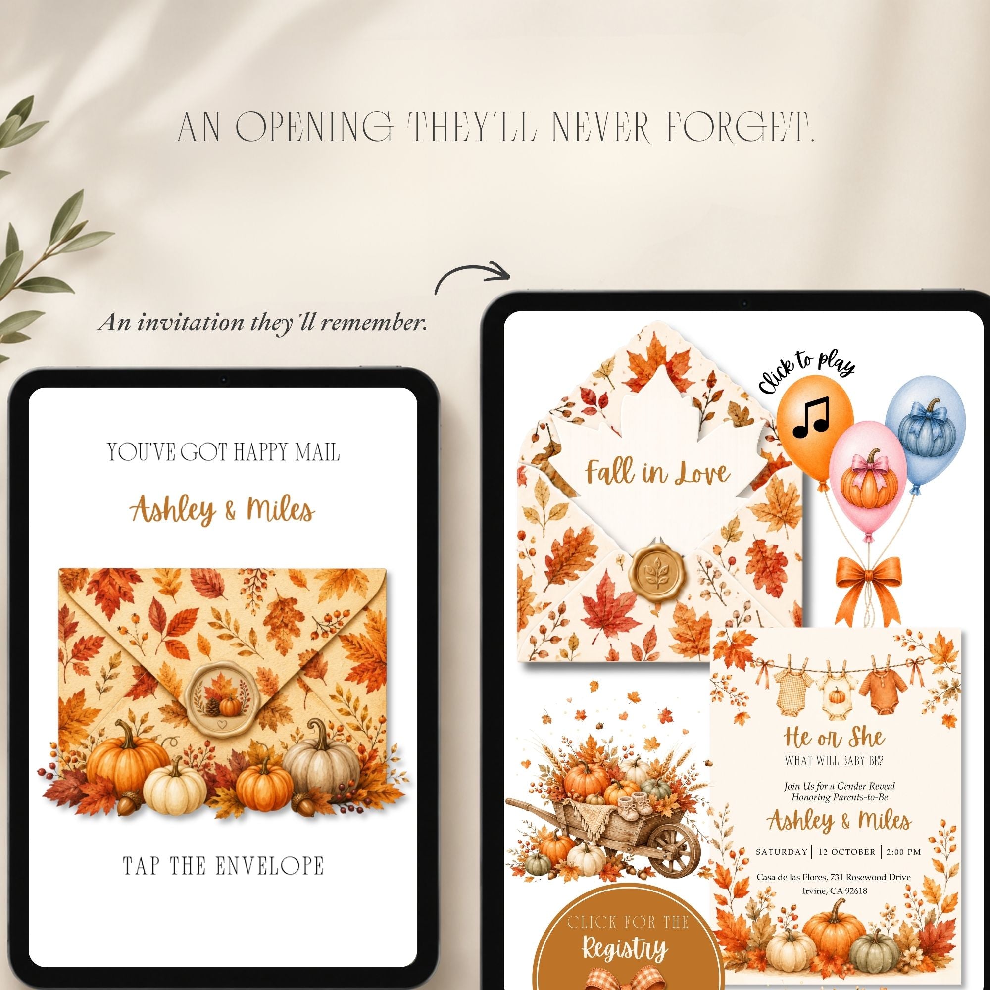 Fully editable Fall in Love gender reveal website template designed in Canva.