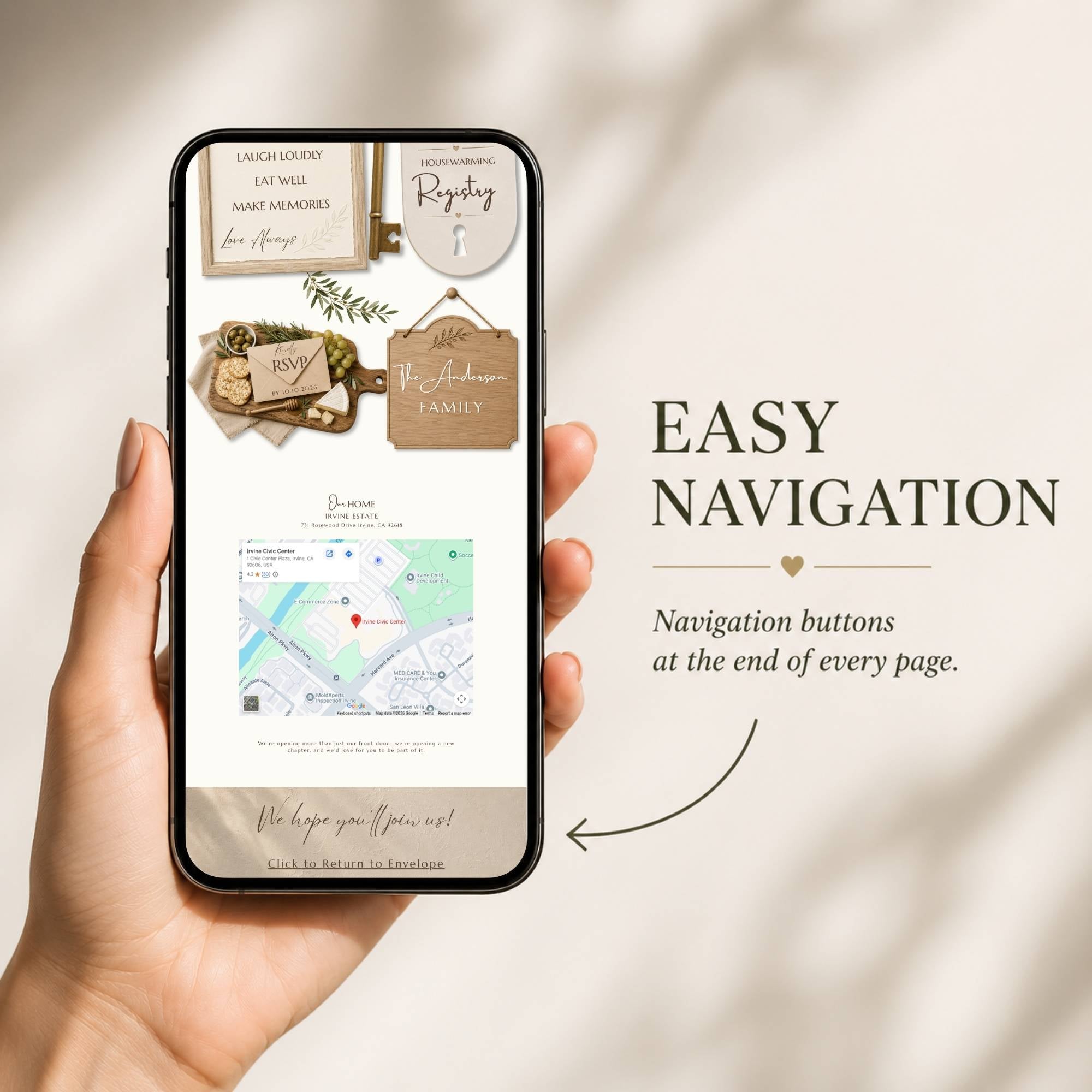 Farmhouse housewarming website featuring an interactive envelope and easy website navigation.