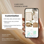 Fully customizable farmhouse housewarming website template editable in Canva with your own text, photos and colours.
