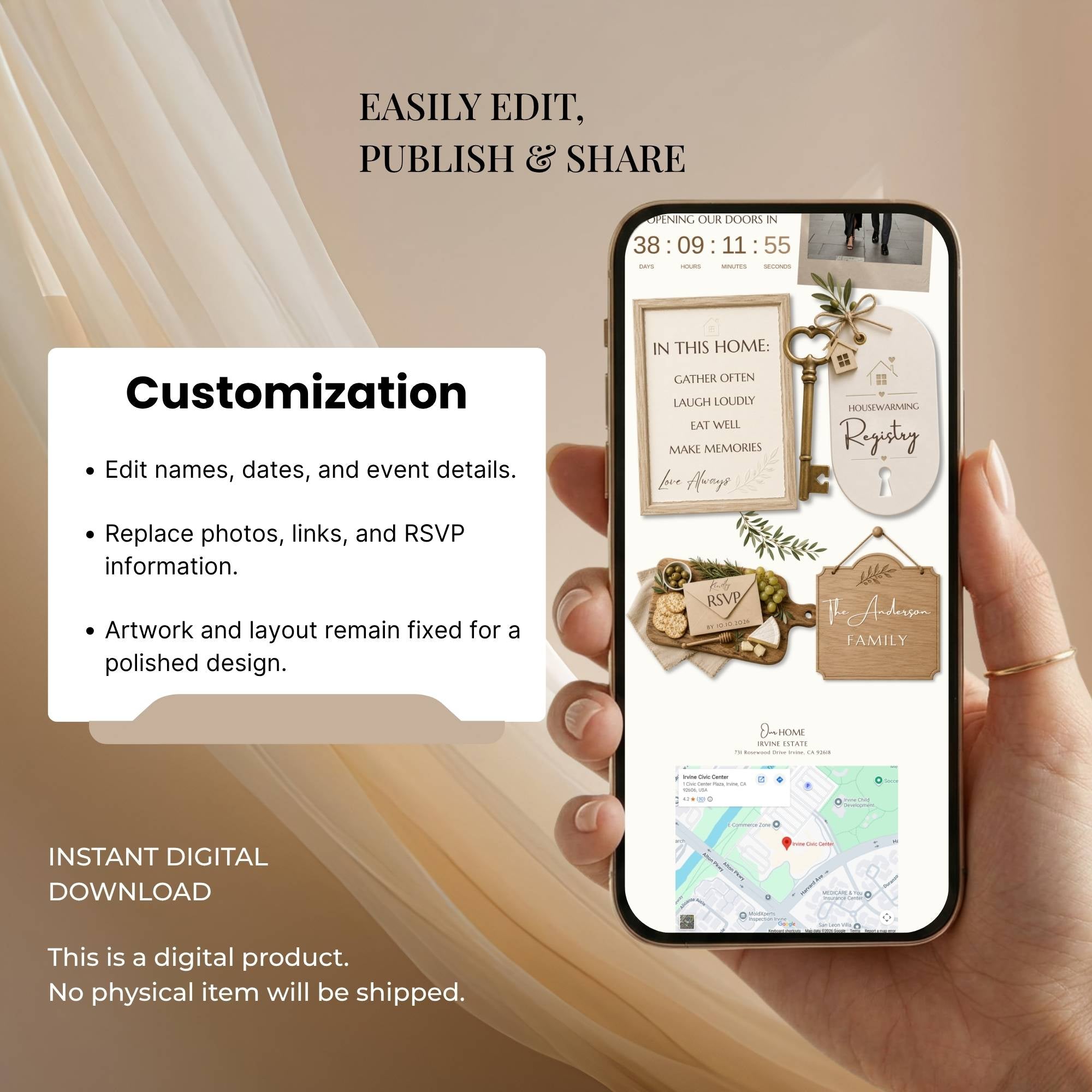 Fully customizable farmhouse housewarming website template editable in Canva with your own text, photos and colours.