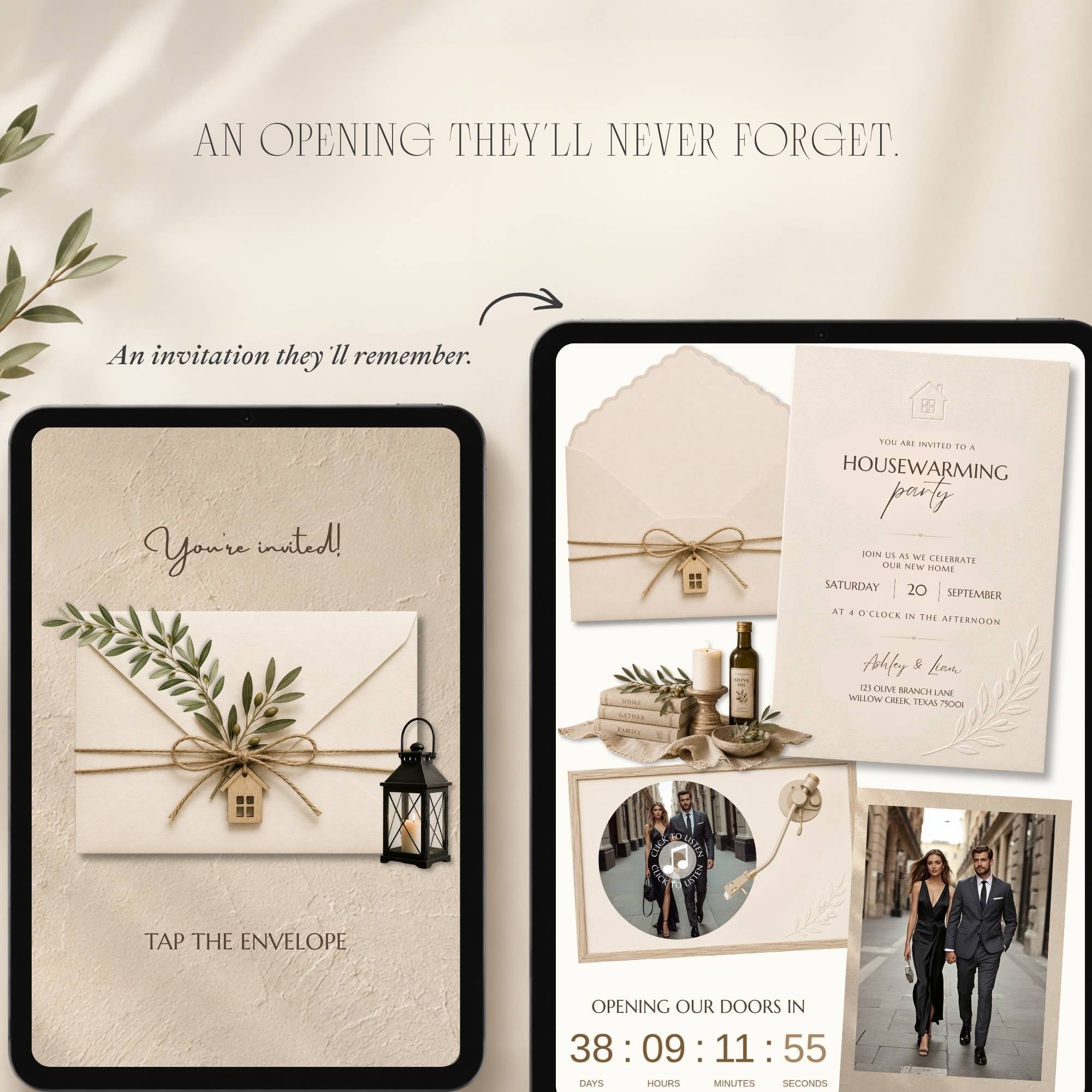 Fully editable farmhouse housewarming website invitation template for your new home celebration.