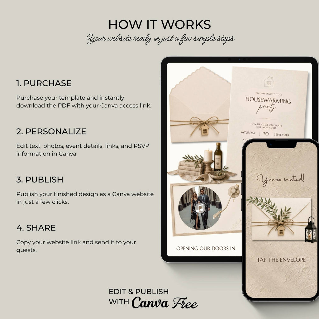 Farmhouse housewarming website template showing how guests access your invitation and RSVP online.