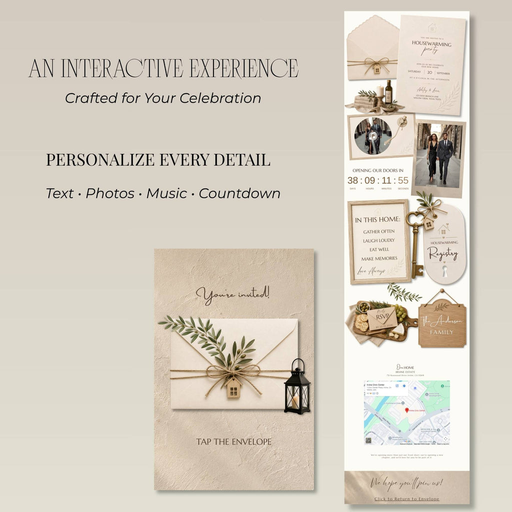 Farmhouse housewarming website template including invitation, RSVP, registry, countdown and photo sections.