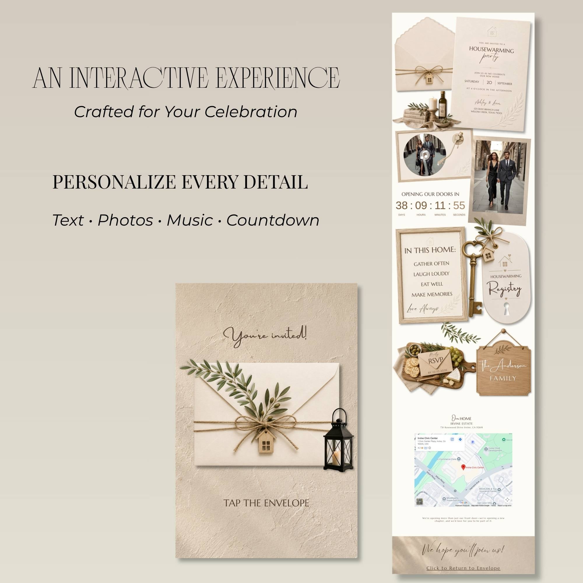 Farmhouse housewarming website template including invitation, RSVP, registry, countdown and photo sections.