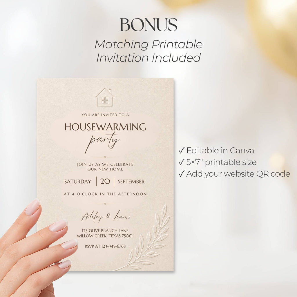 Bonus matching 5×7 printable farmhouse housewarming invitation editable in Canva with space to add your website QR code.