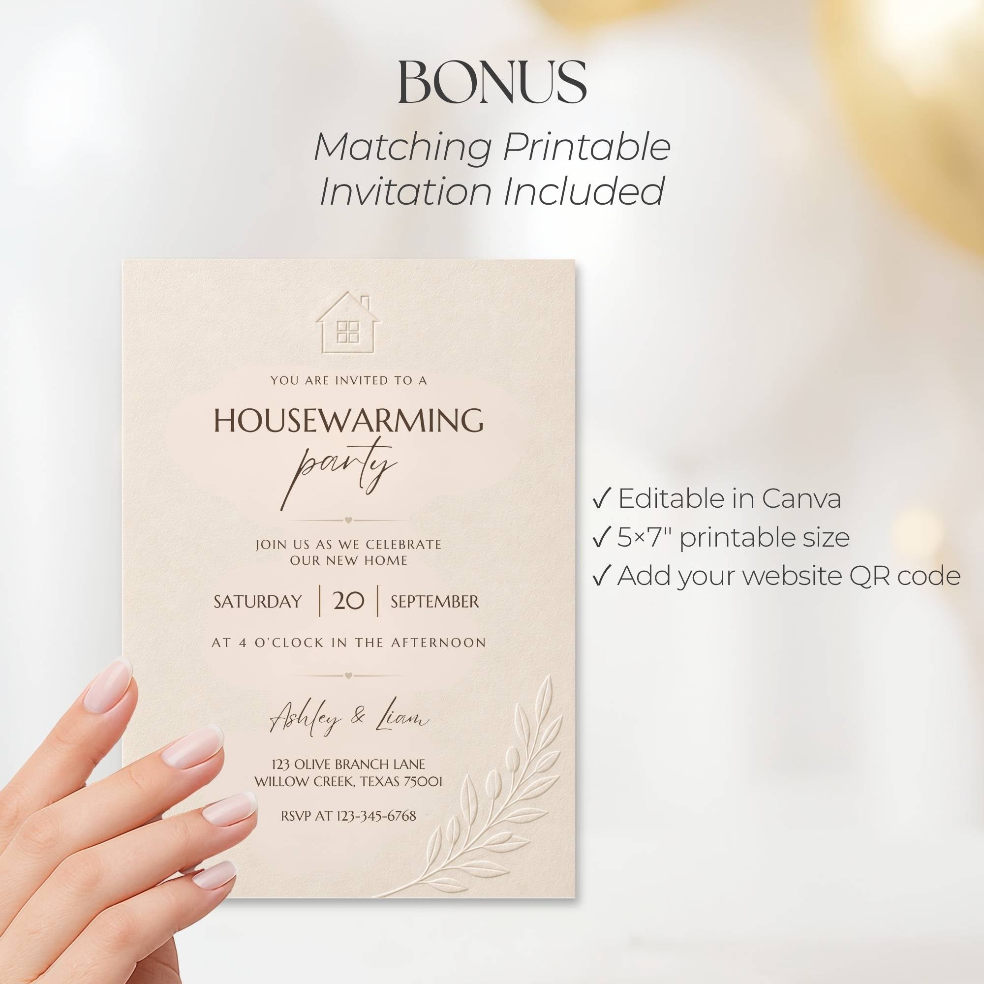 Bonus matching 5×7 printable farmhouse housewarming invitation editable in Canva with space to add your website QR code.