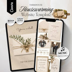 Farmhouse housewarming website template with RSVP, countdown, music and registry editable in Canva.