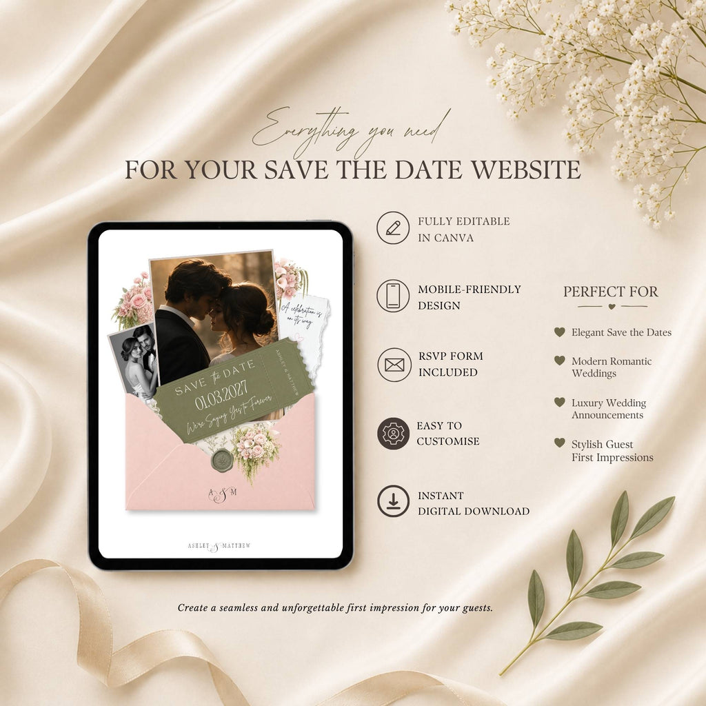 Romantic floral save the date wedding website displayed on mobile phone