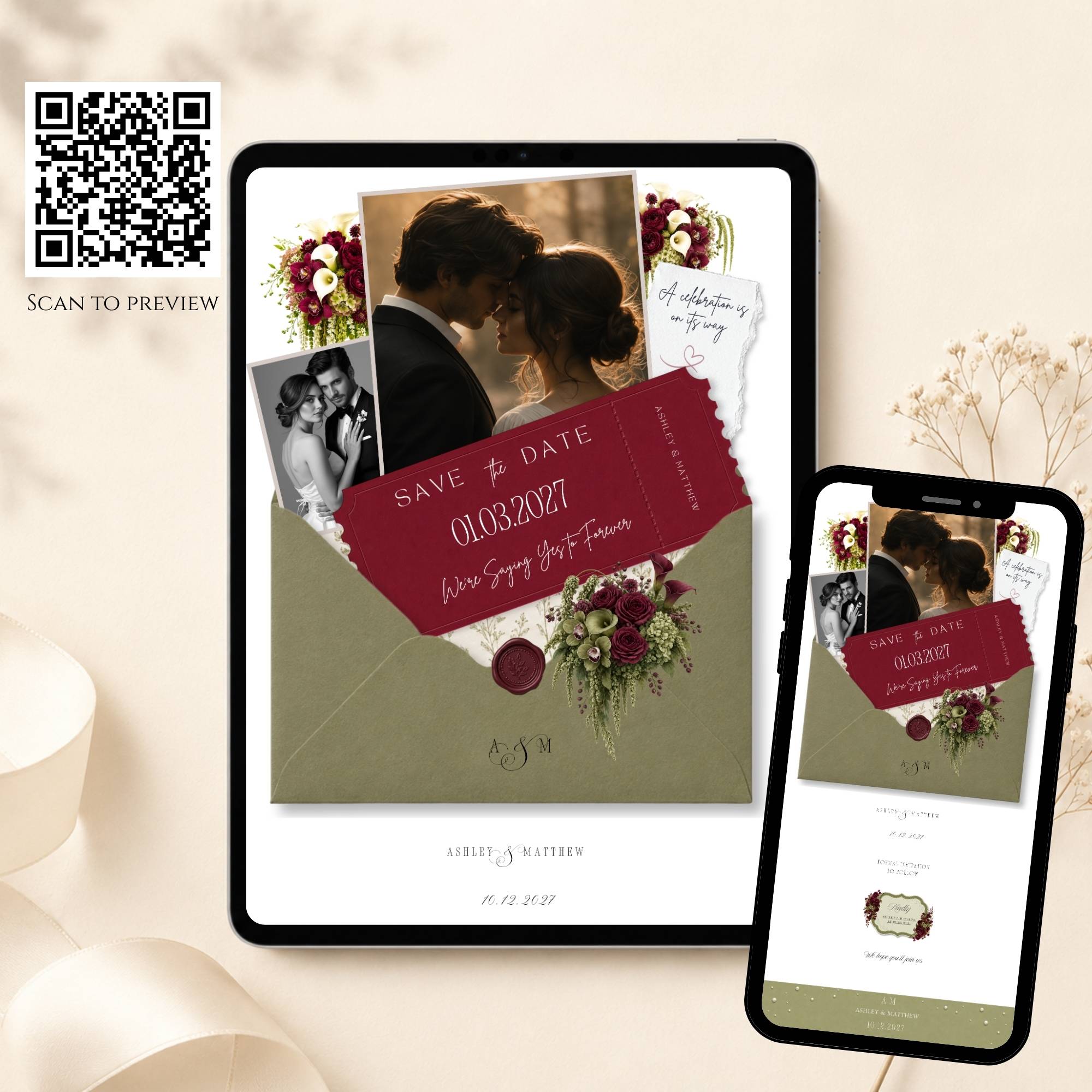 Floral sage green wedding website template with editable Canva design