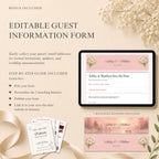 Digital invitation form on a tablet with floral design and text about guest information form and save-the-date banners.