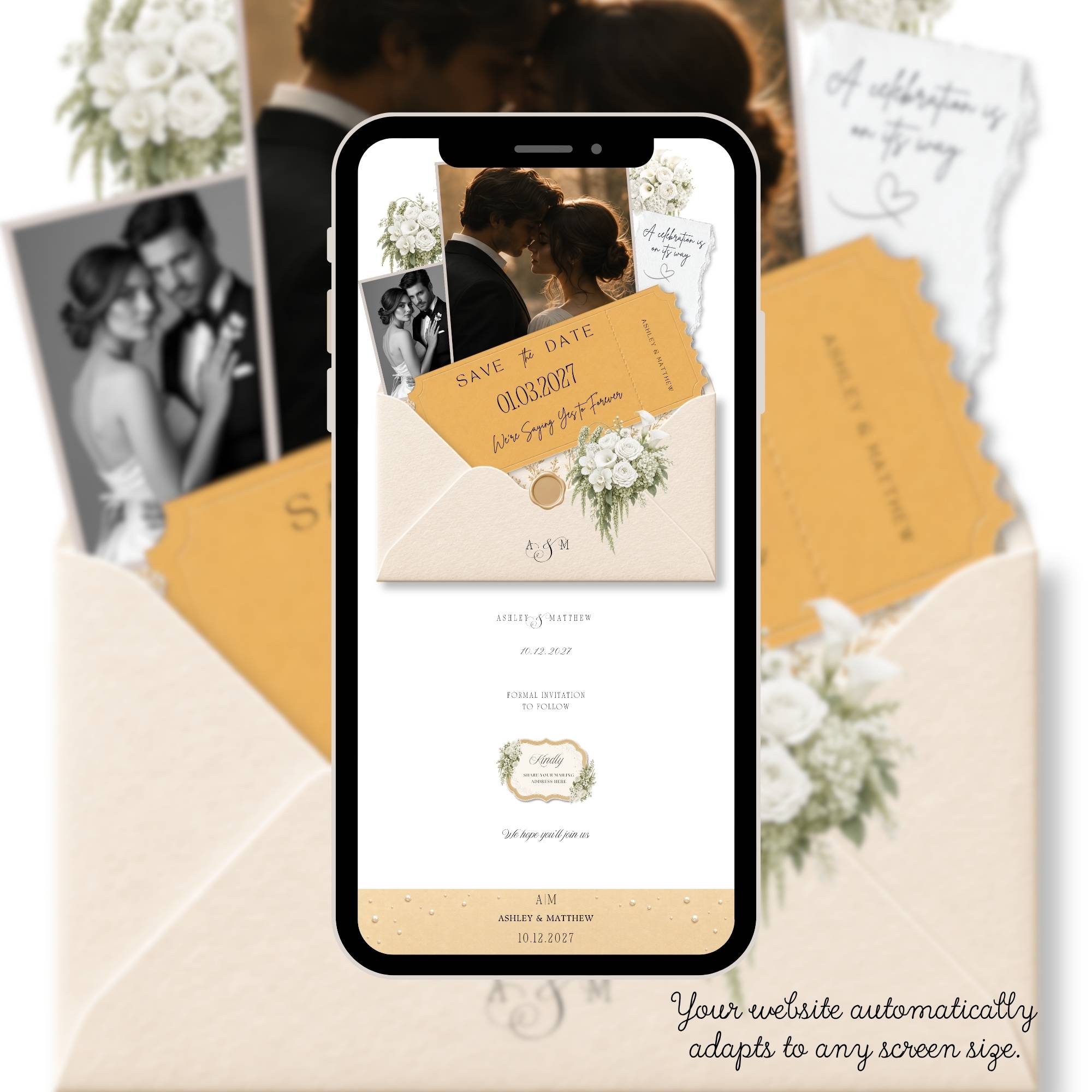 Save the date wedding website shown on smartphone with responsive layout