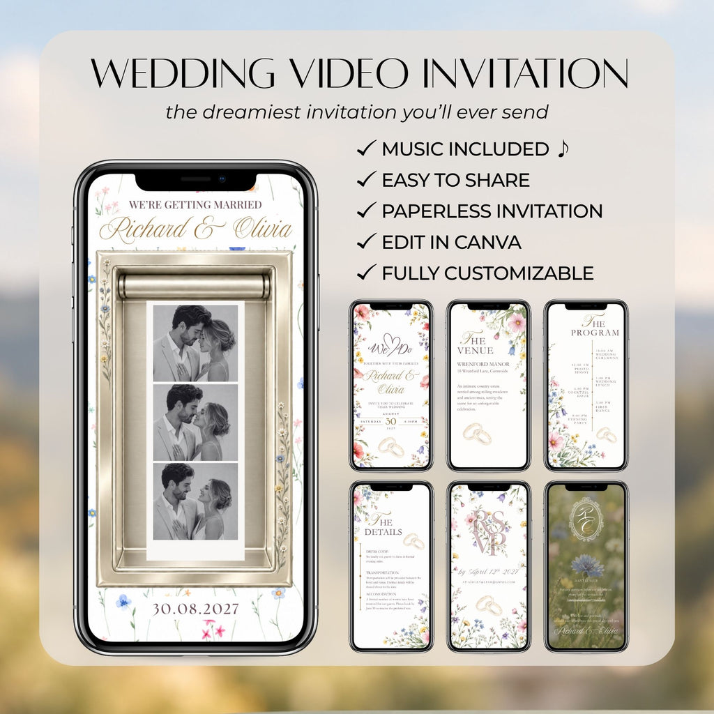 Floral wedding video Canva template featuring a photo booth strip, romantic wildflowers and editable wedding invitation screens.