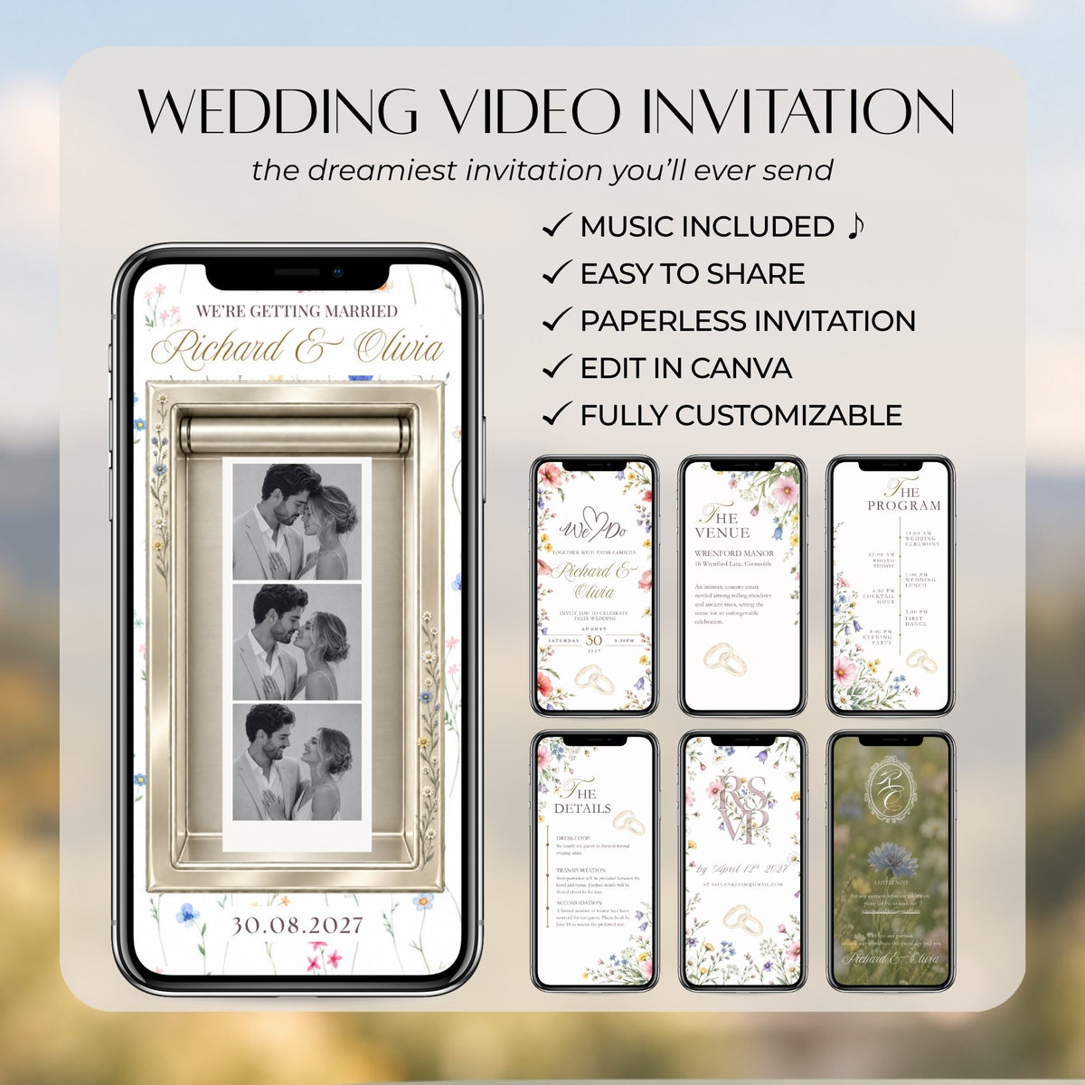Floral wedding video Canva template featuring a photo booth strip, romantic wildflowers and editable wedding invitation screens.
