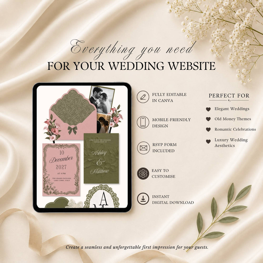 Floral wedding website template featuring RSVP form, mobile-friendly design and Canva editing.