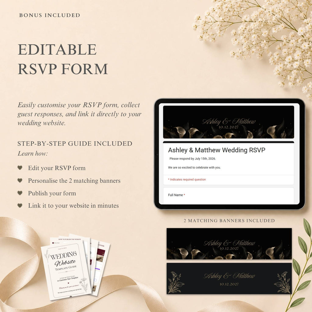 Formal black tie wedding website template with luxury editorial styling