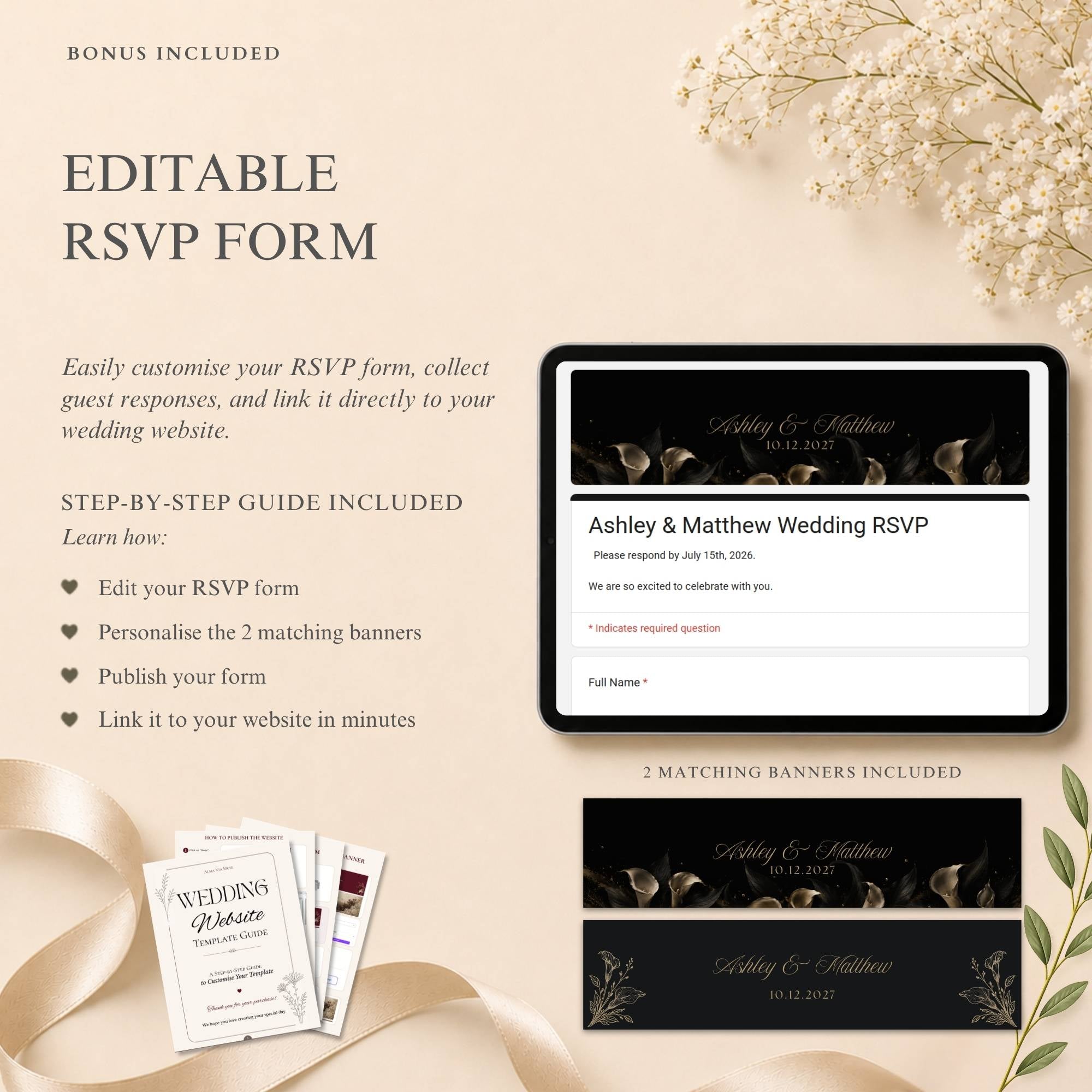 Formal black tie wedding website template with luxury editorial styling