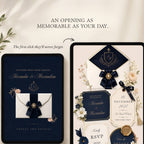 Formal navy wedding website with RSVP form and mobile-friendly Canva design