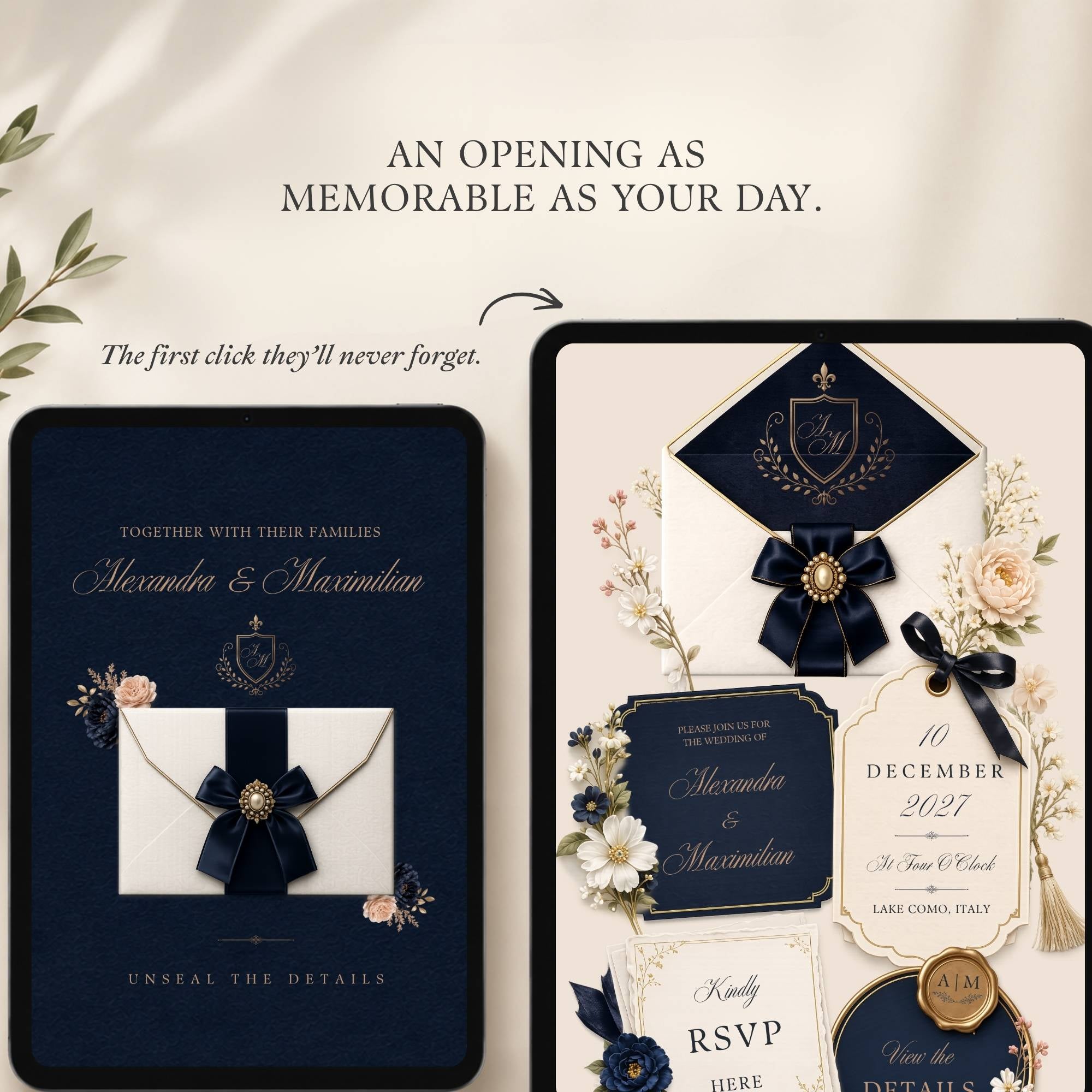 Formal navy wedding website with RSVP form and mobile-friendly Canva design