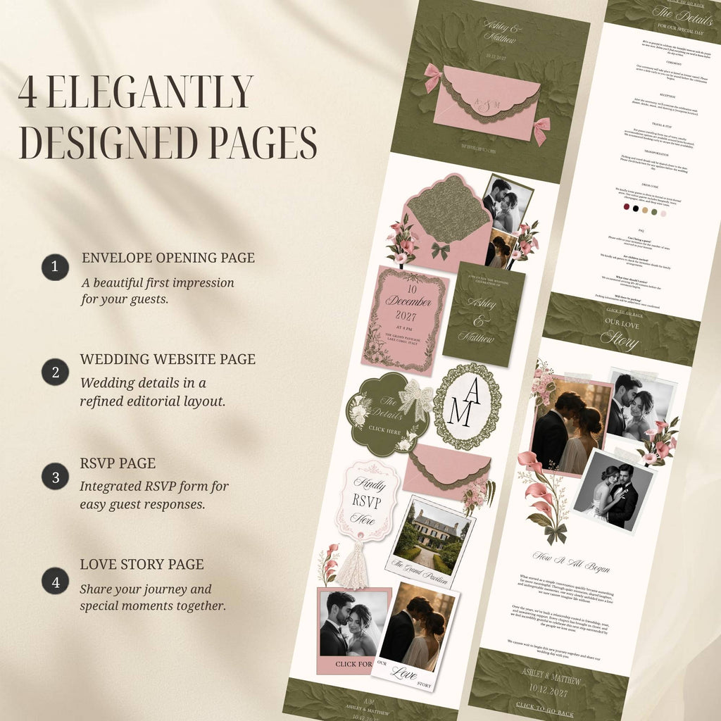 Four-page floral wedding website template including RSVP and love story pages.