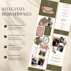 Four-page floral wedding website template including RSVP and love story pages.