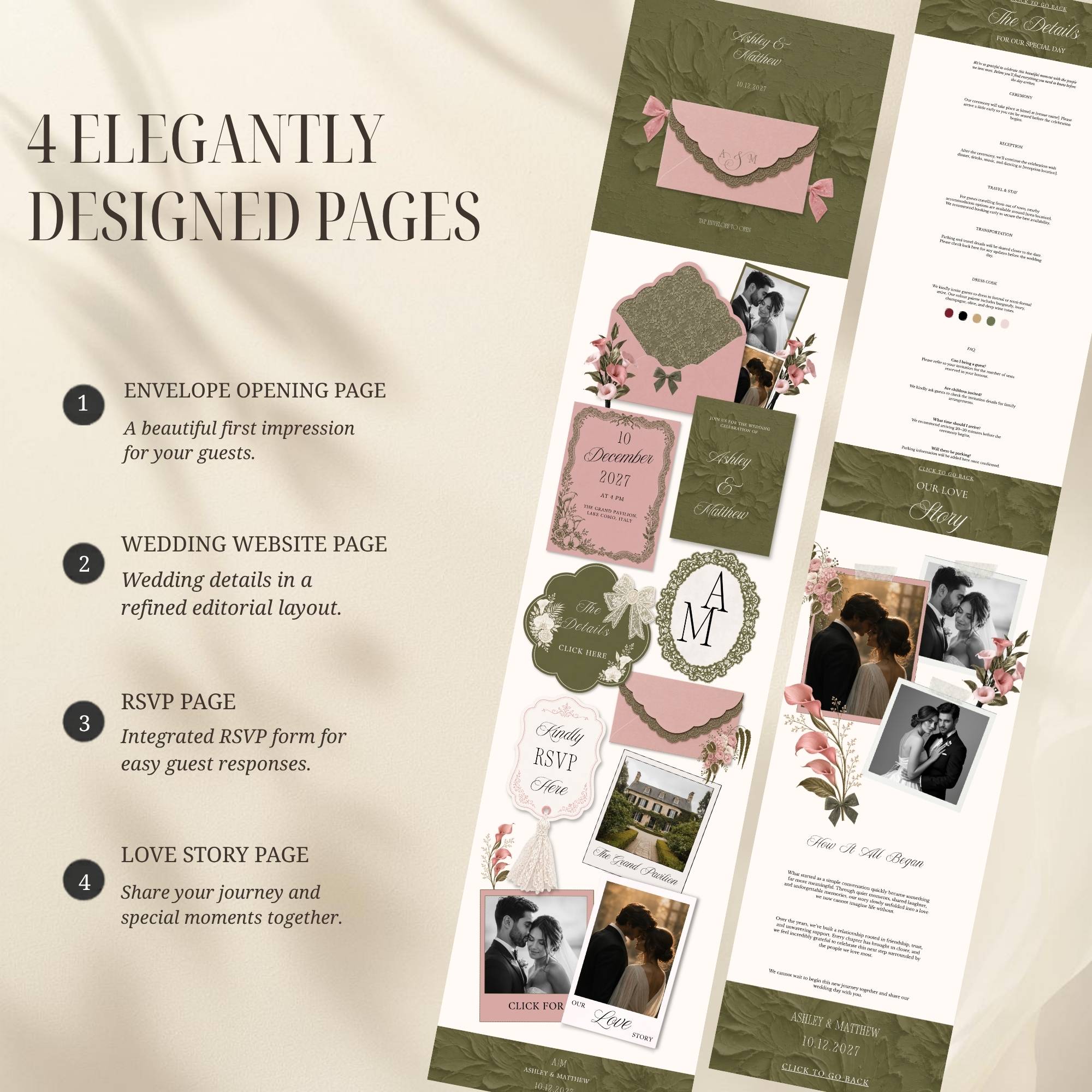 Four-page floral wedding website template including RSVP and love story pages.