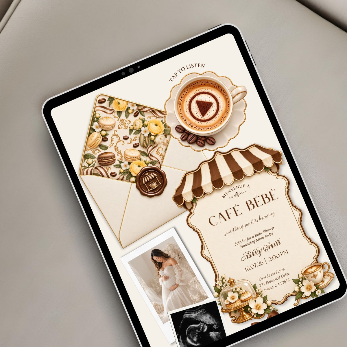 French cafe themed baby shower website displayed on a tablet with Cafe Bebe invitation and patisserie illustrations.