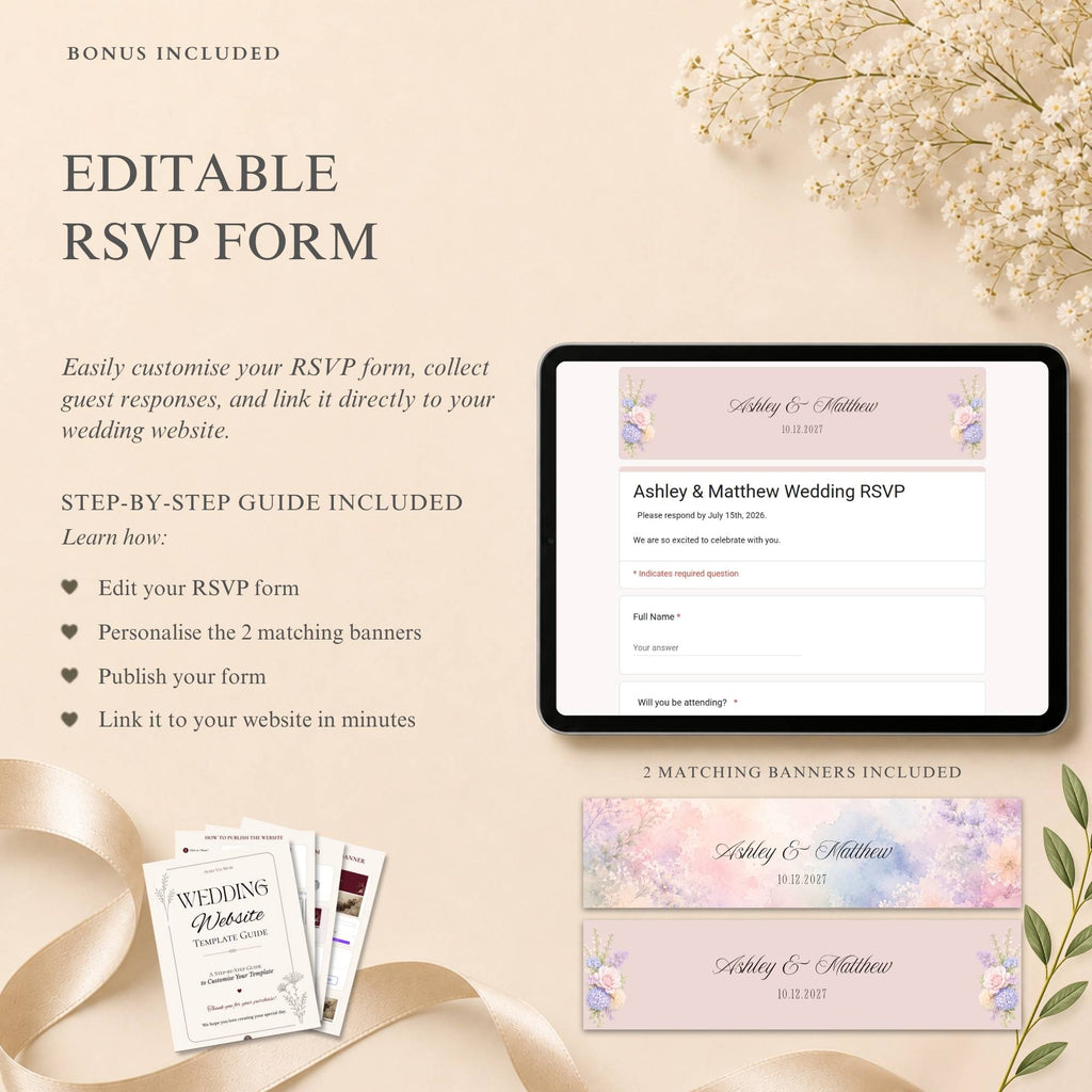 Garden inspired floral wedding website template with pastel colours