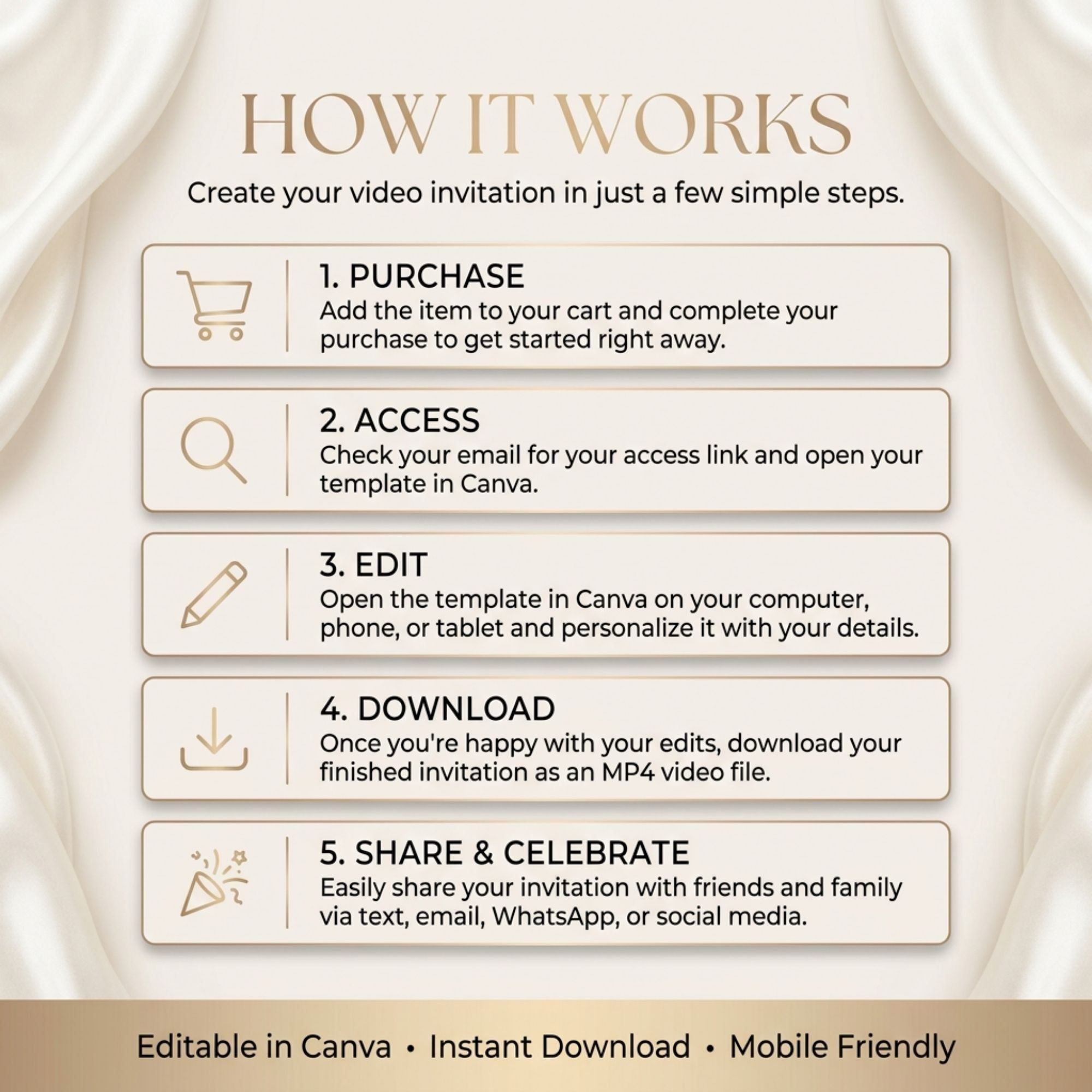 Step-by-step guide showing how to personalize, export, and share the gender reveal video.