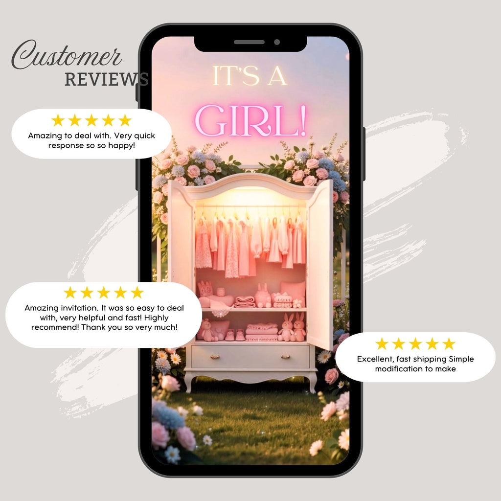 Customer reviews highlighting the quality and editing experience of the girl closet gender reveal video invitation.