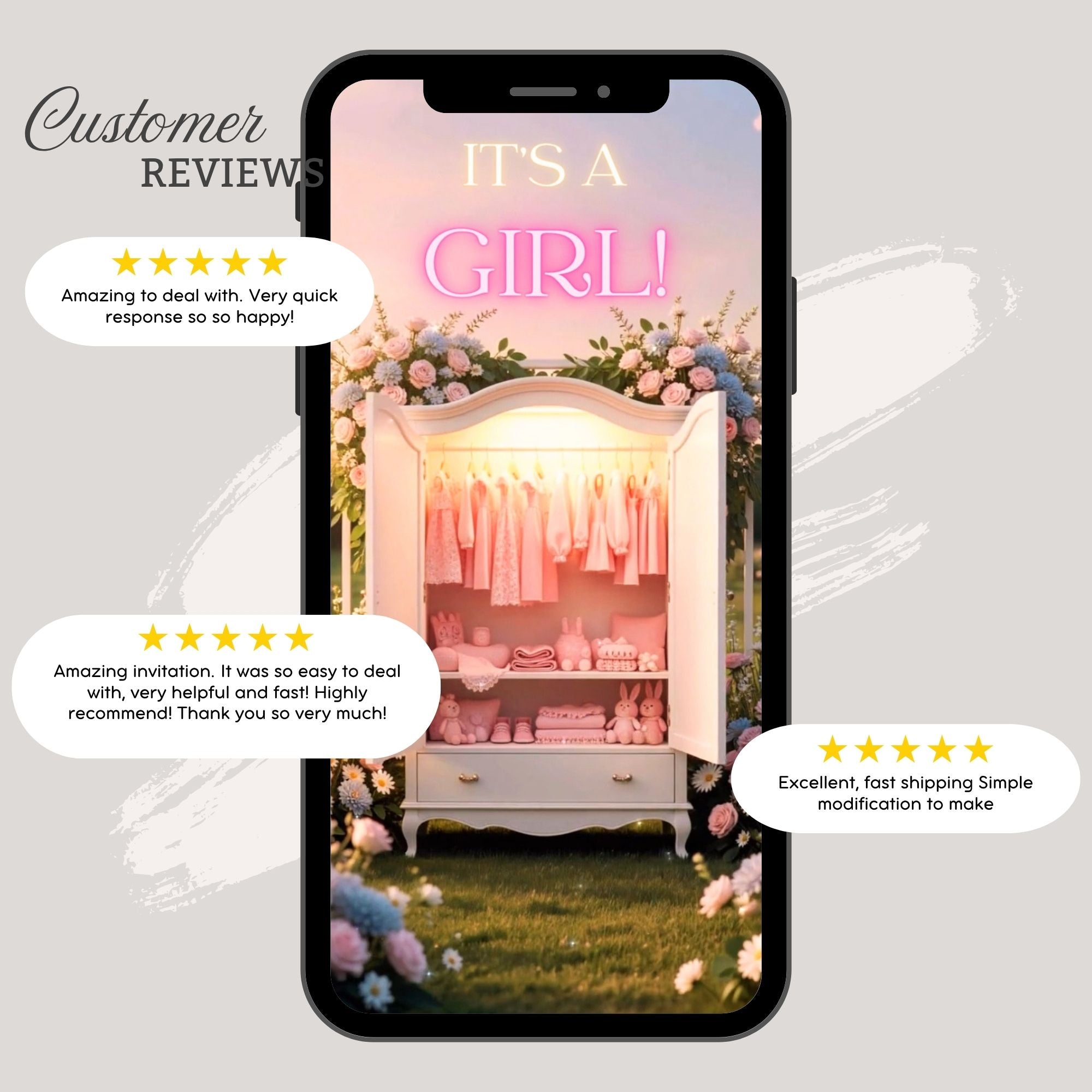 Customer reviews highlighting the quality and editing experience of the girl closet gender reveal video invitation.