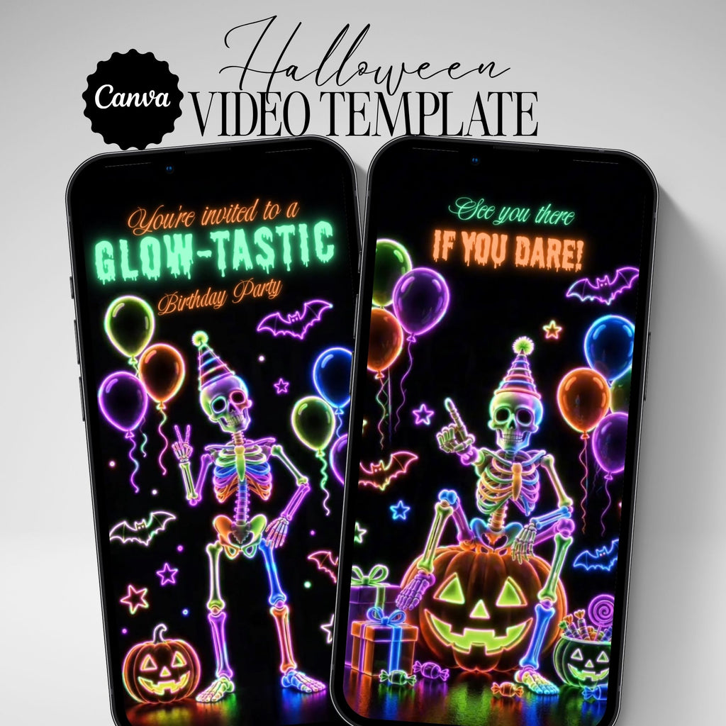 Glow in the dark Halloween video invitation featuring neon skeletons, glowing pumpkins, colourful balloons and an animated birthday party design.