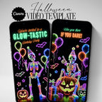 Glow in the dark Halloween video invitation featuring neon skeletons, glowing pumpkins, colourful balloons and an animated birthday party design.