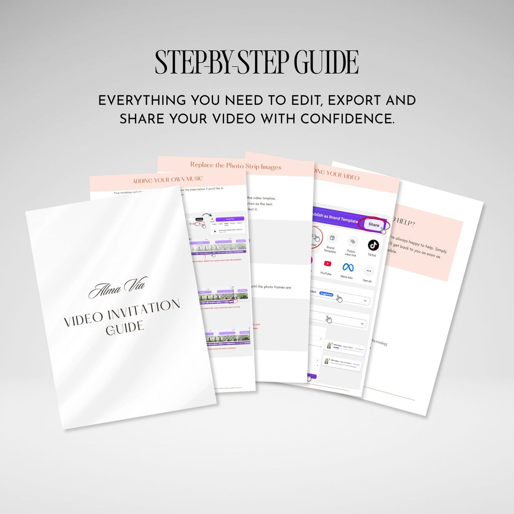 Step-by-step Canva Halloween video invitation guide explaining how to edit, export, download and share an animated neon birthday party invite.