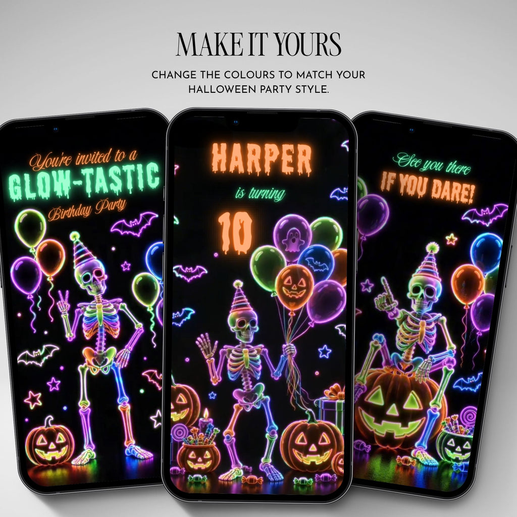 Editable Canva Halloween video invitation featuring personalised birthday name, age, neon skeleton illustrations and colourful glowing party decorations.