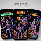 Editable Canva Halloween video invitation featuring personalised birthday name, age, neon skeleton illustrations and colourful glowing party decorations.