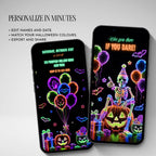 Personalise a glow in the dark Halloween video invitation in Canva by editing the name, age, party date, time, location and Halloween colours.