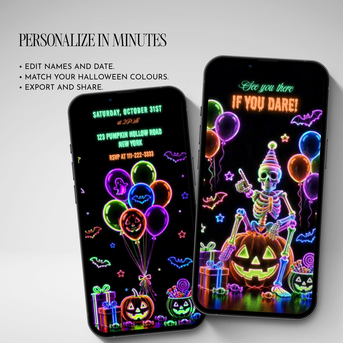 Personalise a glow in the dark Halloween video invitation in Canva by editing the name, age, party date, time, location and Halloween colours.