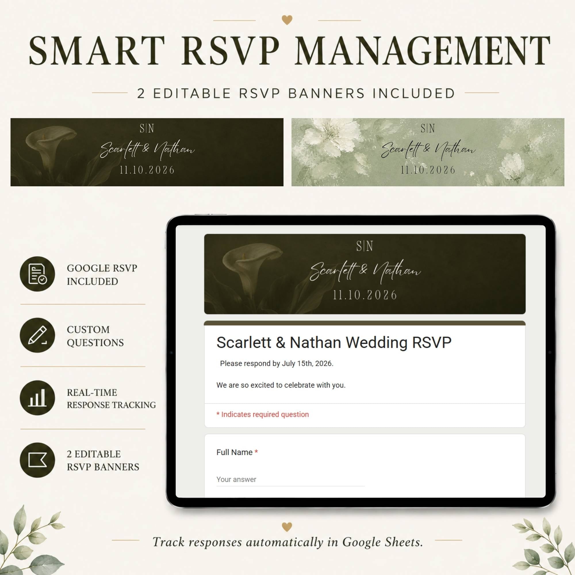 Editable wedding RSVP management system with Google RSVP form, custom questions, response tracking, and personalized banners.