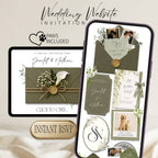 Elegant green envelope wedding website template with RSVP, botanical florals, wax seal details, and mobile-friendly Canva design.