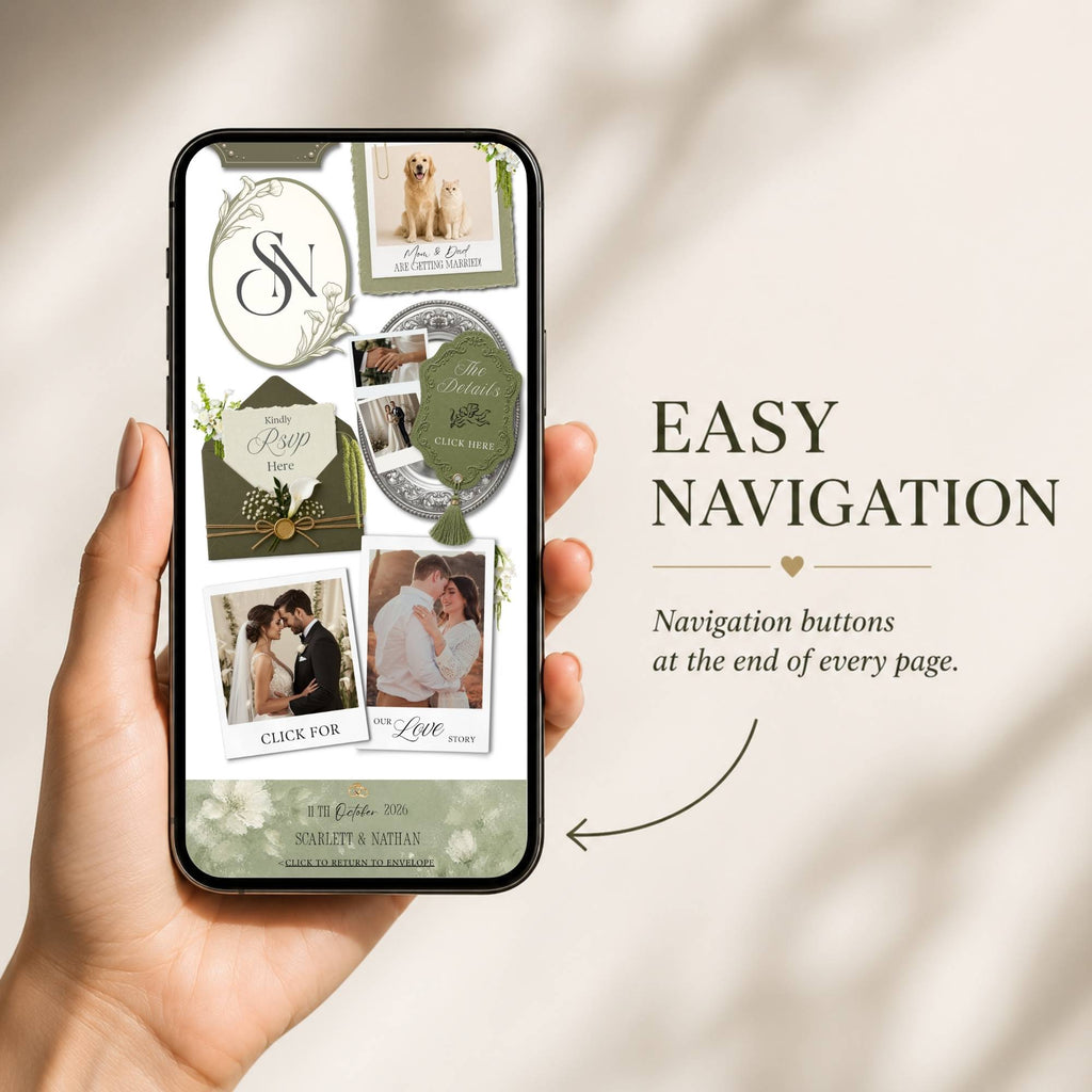 Green envelope wedding website featuring simple navigation buttons for RSVP, wedding details, timeline, and guest information.