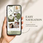 Green envelope wedding website featuring simple navigation buttons for RSVP, wedding details, timeline, and guest information.