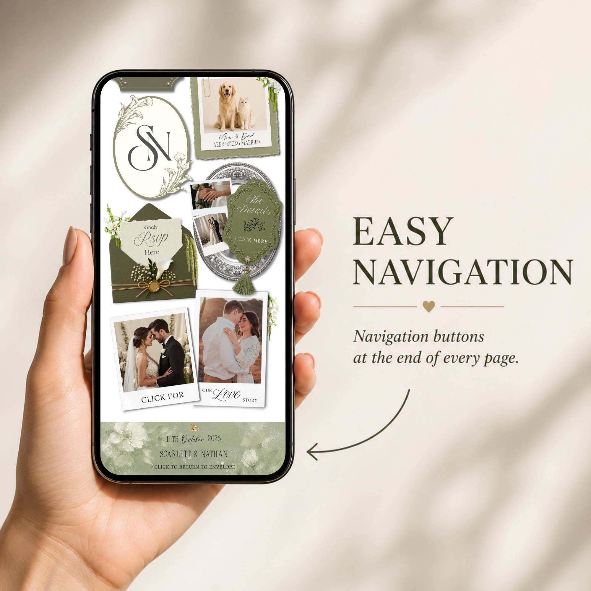 Green envelope wedding website featuring simple navigation buttons for RSVP, wedding details, timeline, and guest information.