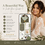 Interactive wedding website template with RSVP, mobile-friendly layout, customizable sections, and elegant botanical styling.