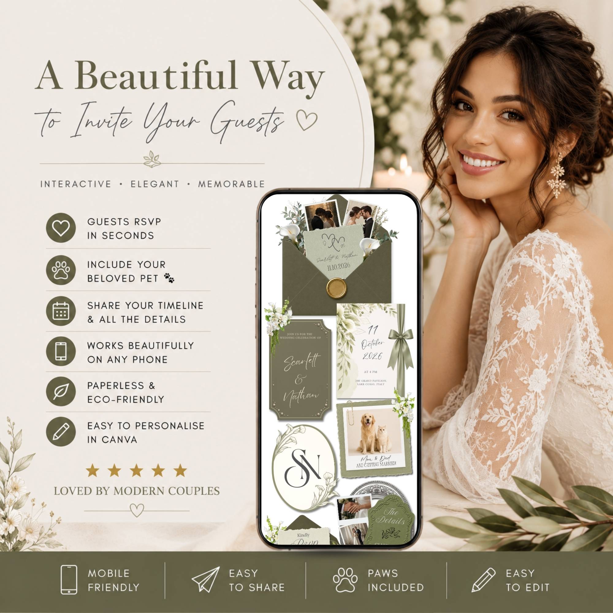 Interactive wedding website template with RSVP, mobile-friendly layout, customizable sections, and elegant botanical styling.