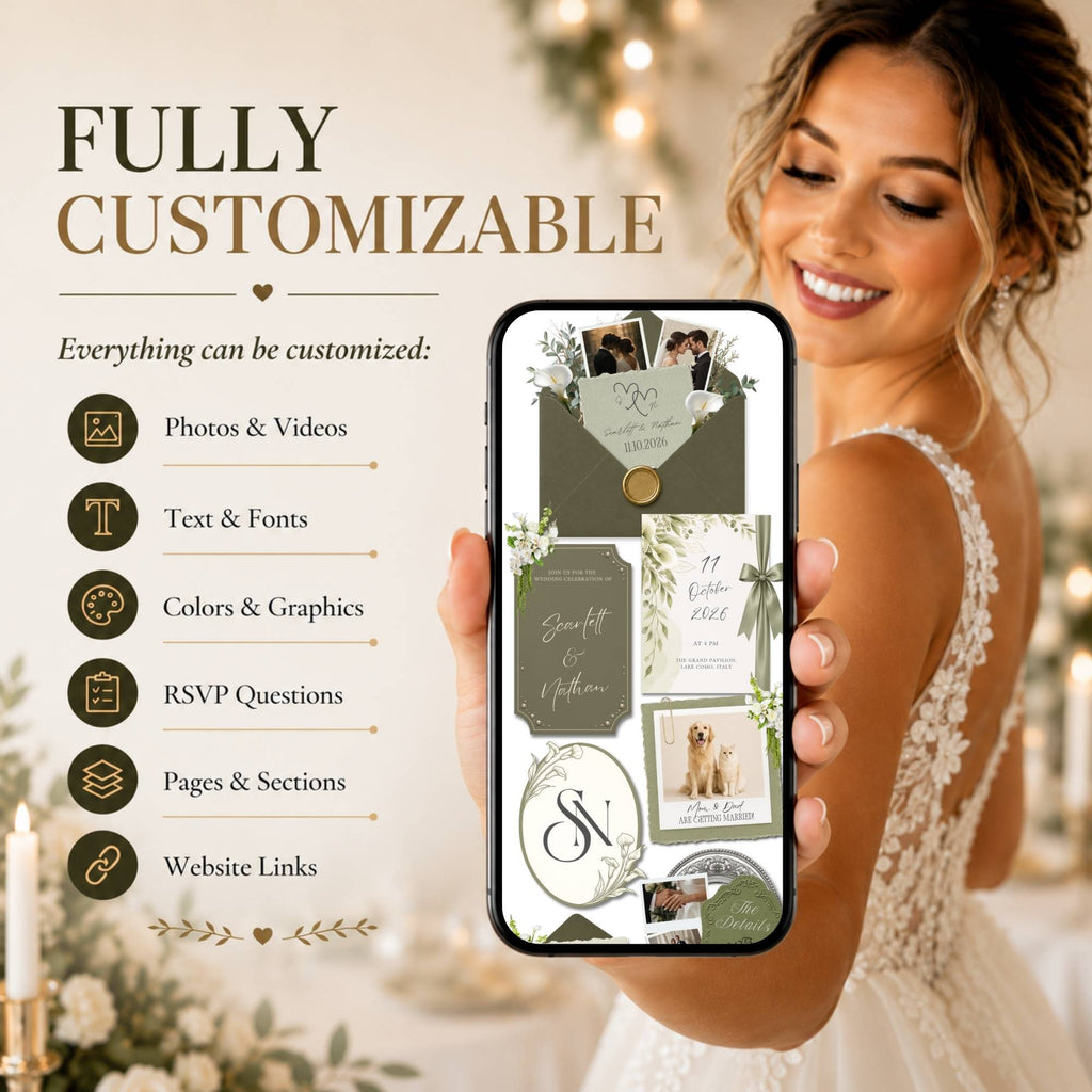 Fully customizable Canva wedding website template with editable photos, text, colors, RSVP forms, pages, and website links.