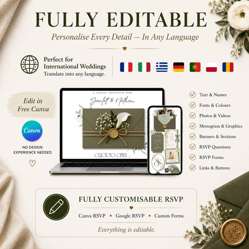 Editable wedding website template in Canva allowing customization of names, fonts, colors, graphics, photos, and RSVP details.