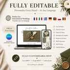 Editable wedding website template in Canva allowing customization of names, fonts, colors, graphics, photos, and RSVP details.