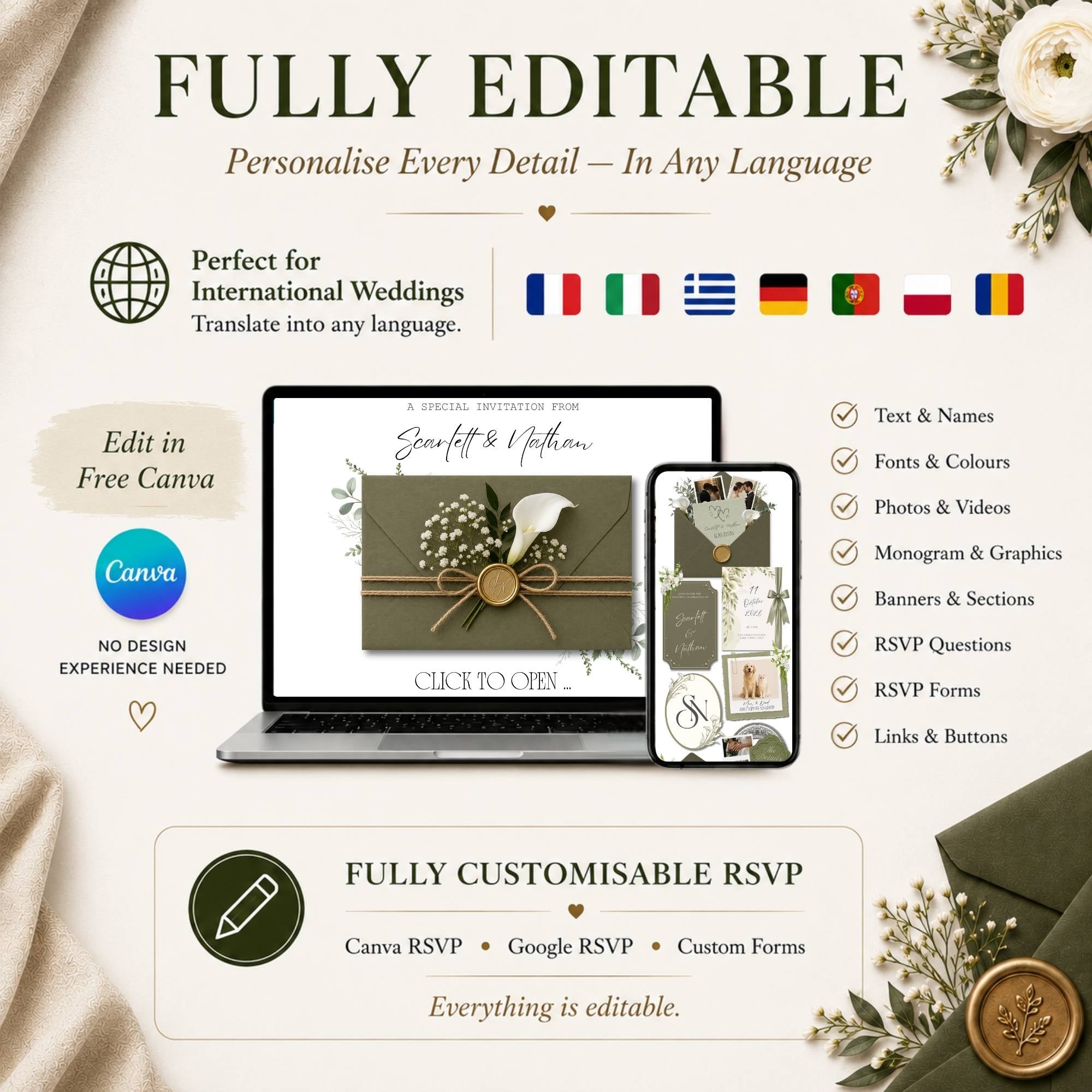 Editable wedding website template in Canva allowing customization of names, fonts, colors, graphics, photos, and RSVP details.