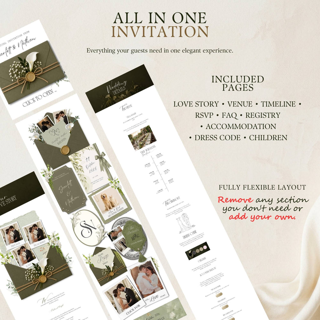 Wedding website template with included pages for RSVP, timeline, venue details, accommodation, registry, FAQ, and love story.