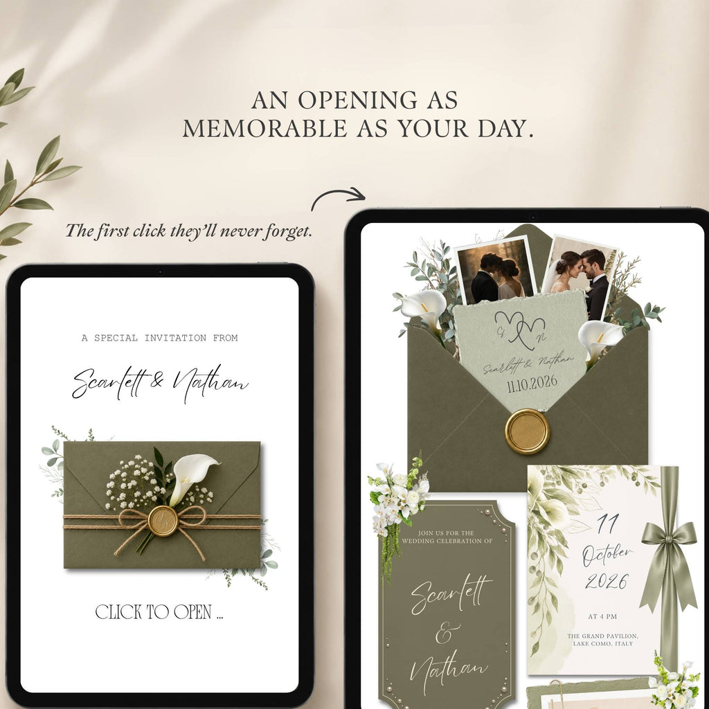 Interactive wedding website homepage featuring a green envelope invitation opening experience with elegant wedding details.
